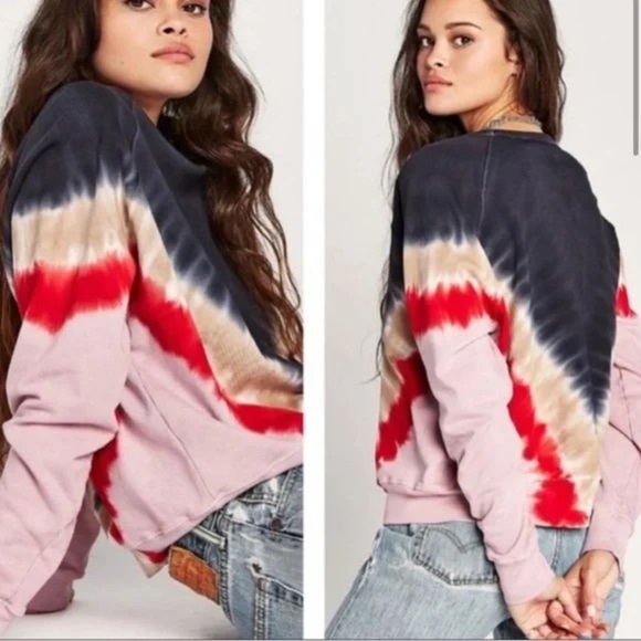 Daydreamer Tops - Daydreamer Flying V Tie Dye Varsity Crew Sweatshirt Red Pink Tan Blue Gray Small
